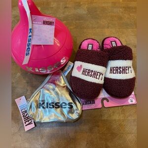 NEW Hershey Kiss Plush Slippers and Bag Set Big Pink Silver Hershey Kiss Dish